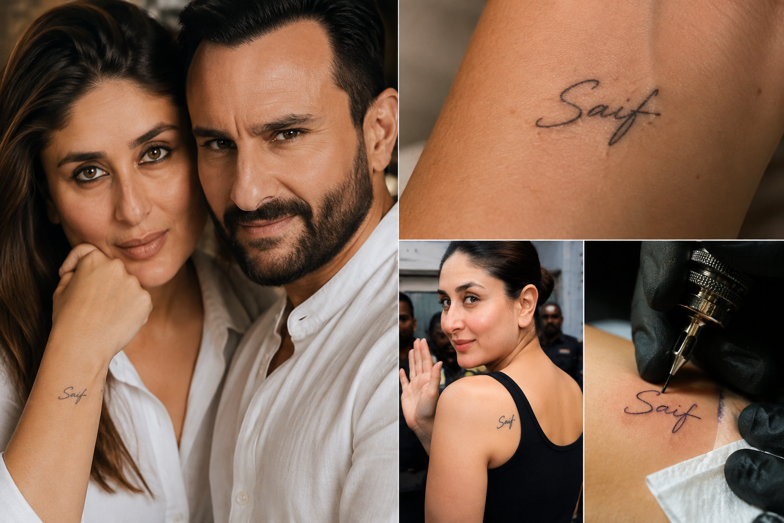 Saif Ali Khan and Kareena Kapoor with Kareena's Saif name tattoo