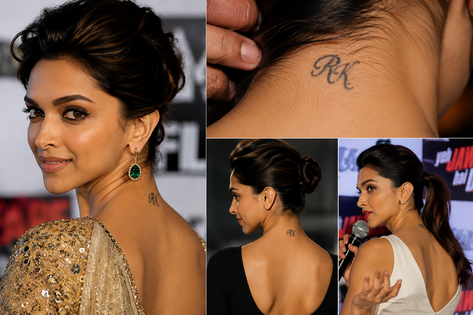 Deepika Padukone showing her RK tattoo on the back of her neck