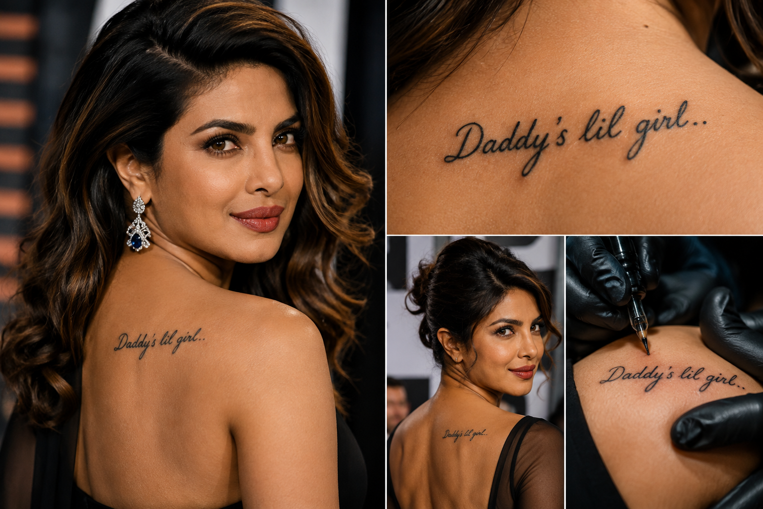 Priyanka Chopra showing her Daddy's Lil Girl tattoo on her upper back