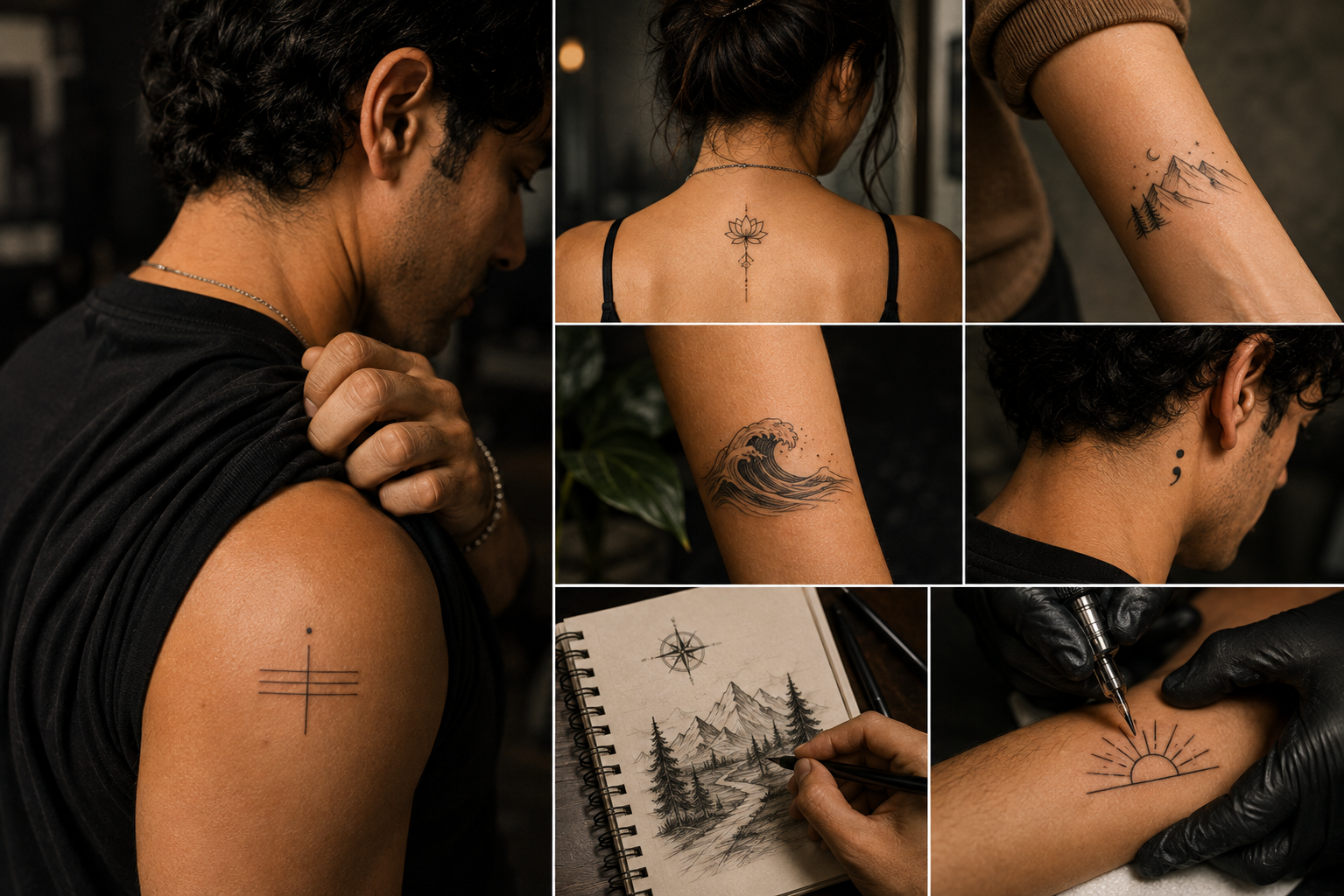 Tattoo collage showing personal tattoo designs, tattoo sketching, and a tattoo artist at work