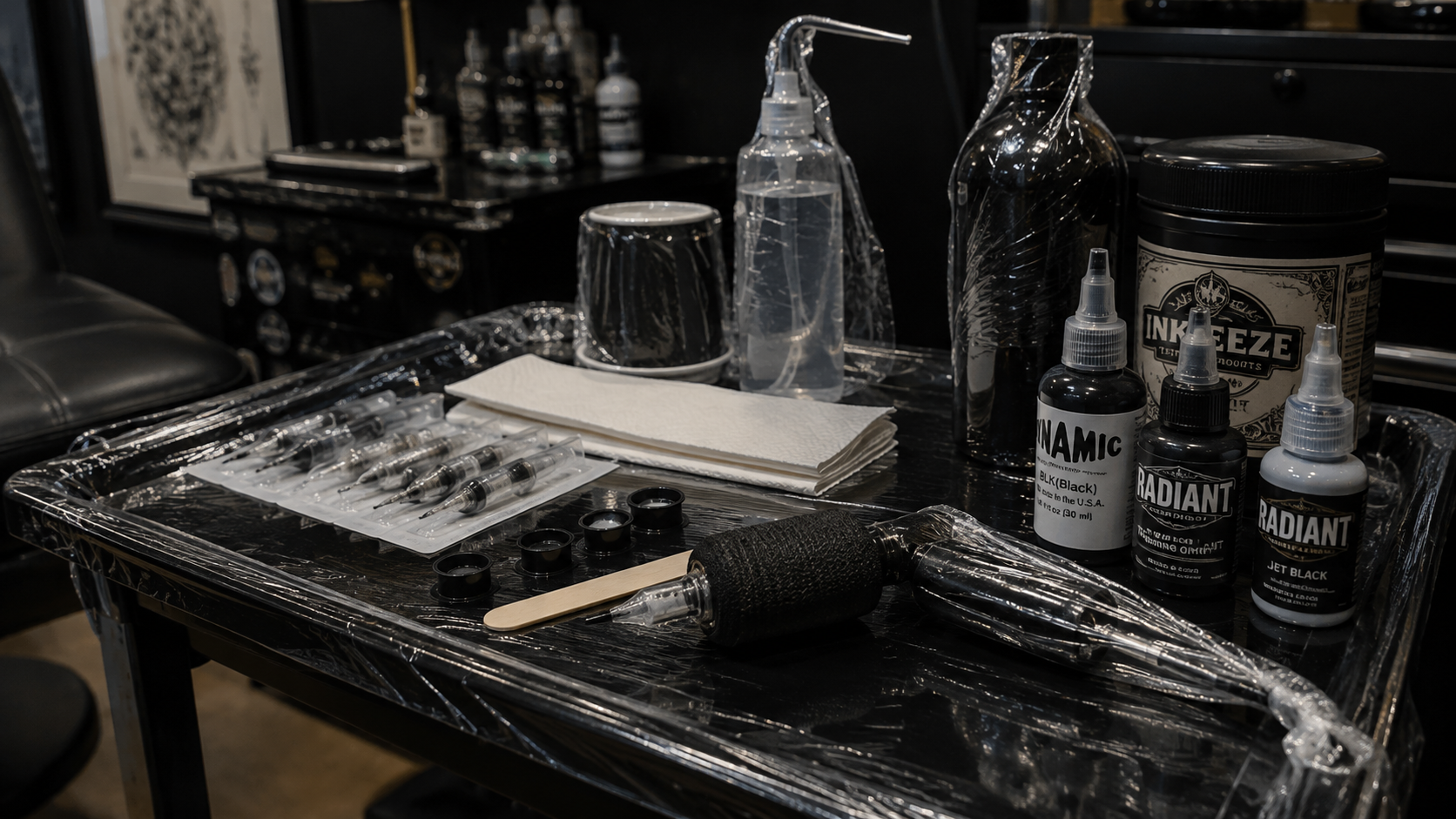 Professionally prepared tattoo workstation with sterile supplies, wrapped equipment, ink caps, tattoo machine, and tattoo inks