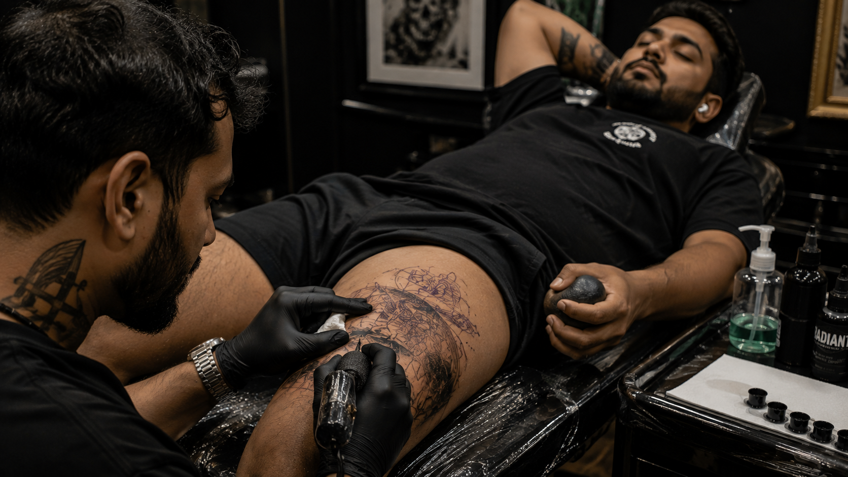 Tattoo client relaxing with earbuds while a tattoo artist works on the thigh in a professional studio