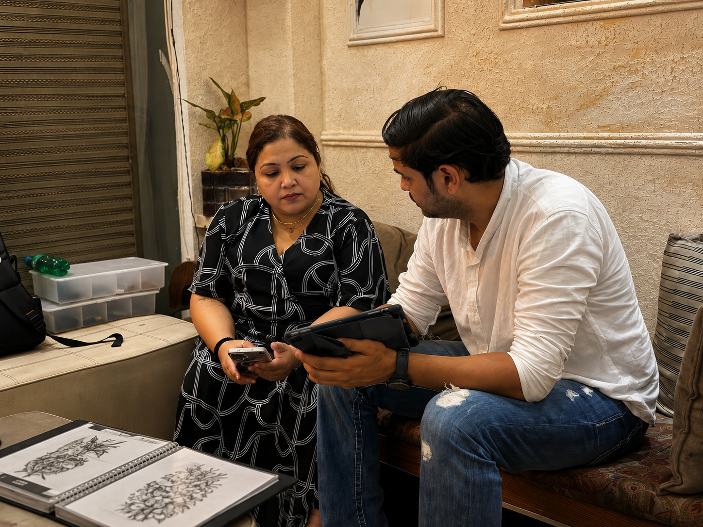 A tattoo artist and client discussing tattoo ideas while reviewing reference designs on a tablet during a consultation in a tattoo studio.