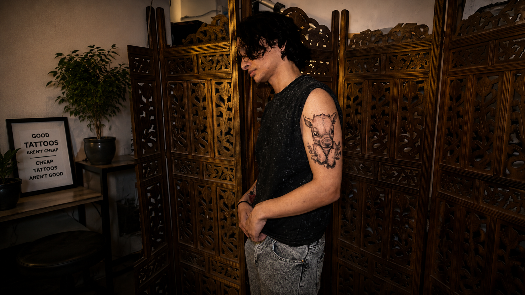 A tattoo client standing inside a professional tattoo studio during the arrival and design review stage