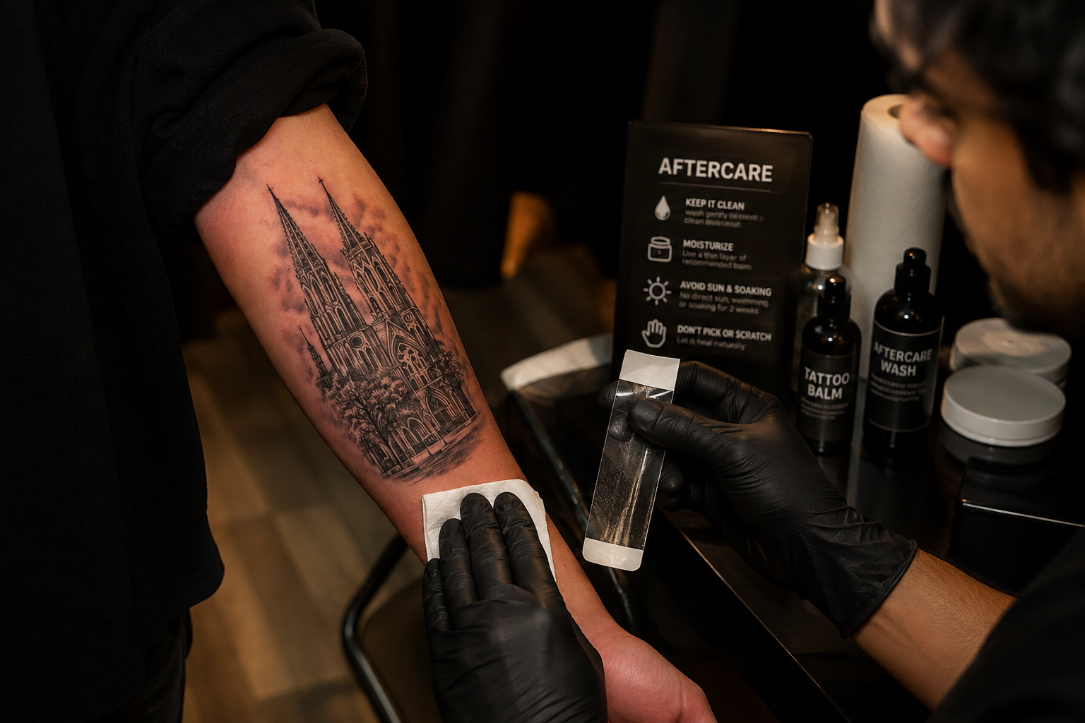 A tattoo artist wiping a fresh black-and-gray cathedral tattoo on a client’s forearm while preparing it for final covering and aftercare.
