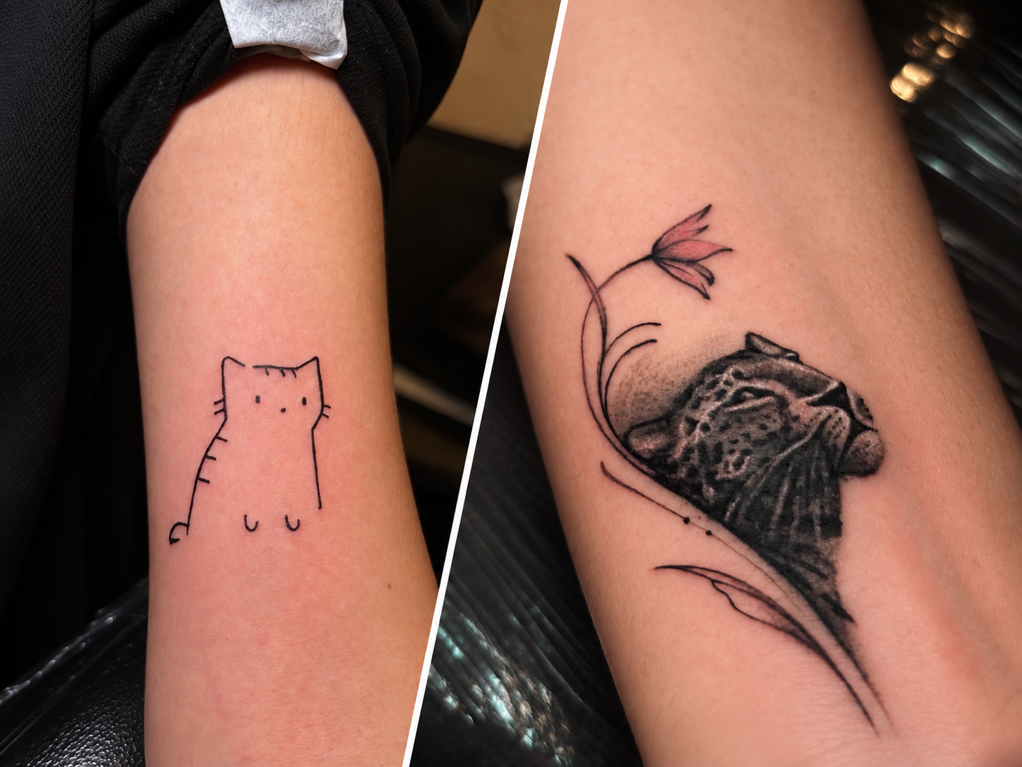 Split close-up showing a minimalist cat tattoo beside a detailed black-and-gray animal tattoo with floral elements.