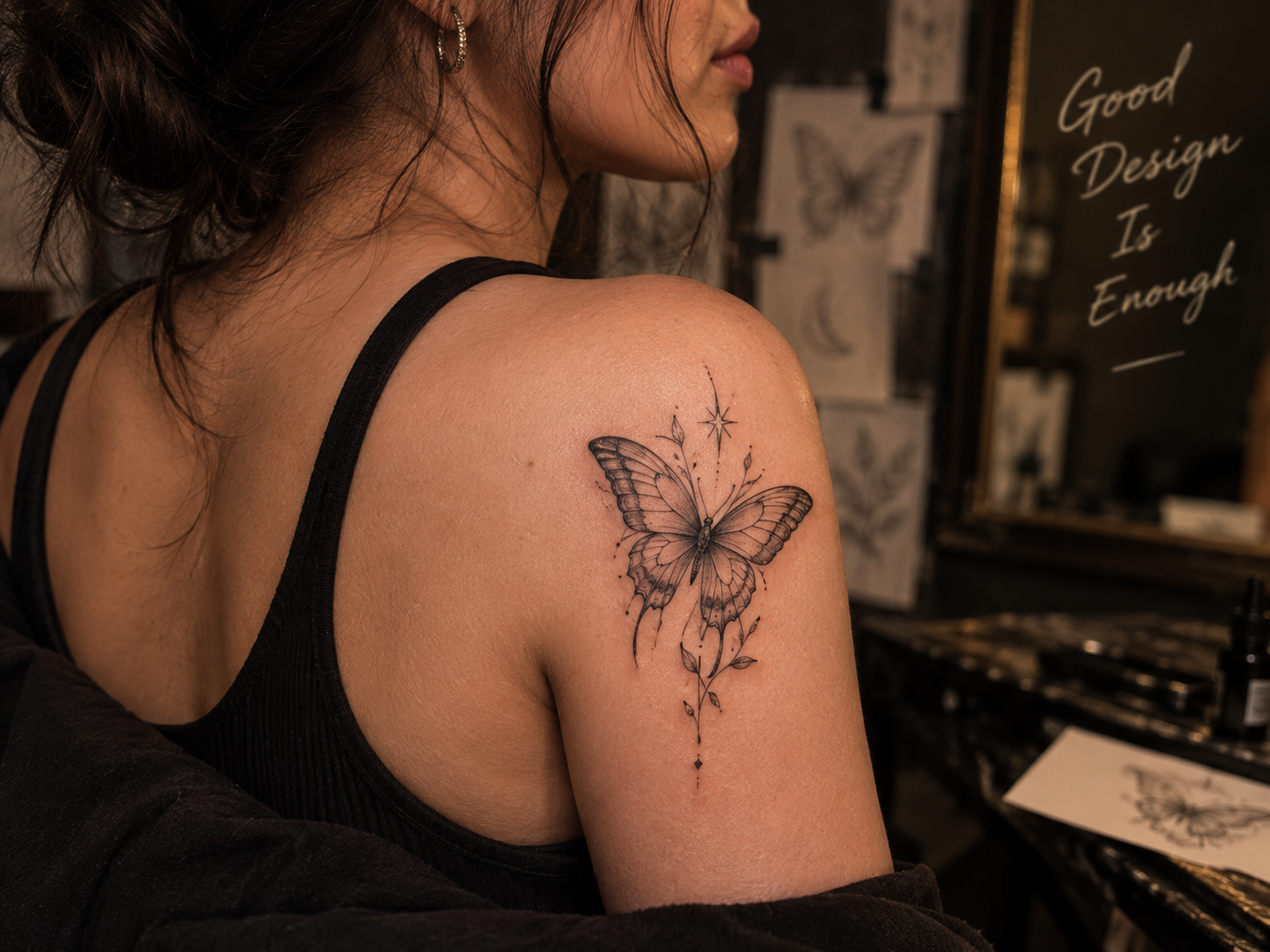 A woman showing a delicate fine-line butterfly tattoo on her shoulder in a warm tattoo studio setting.