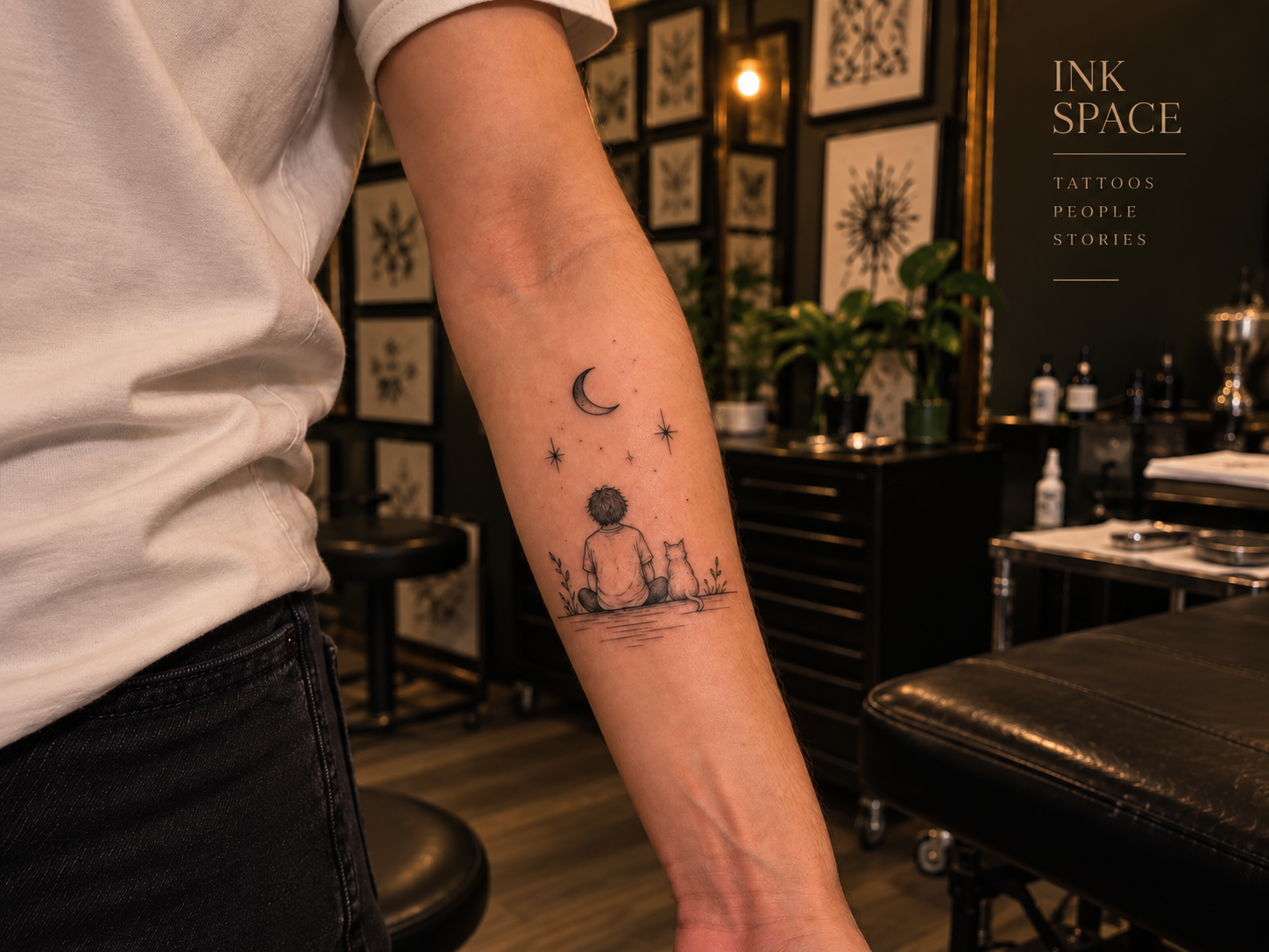 Fine-line tattoo of a person and cat sitting together beneath a crescent moon and stars on a forearm, photographed inside Ink Space Tattoo Studio.