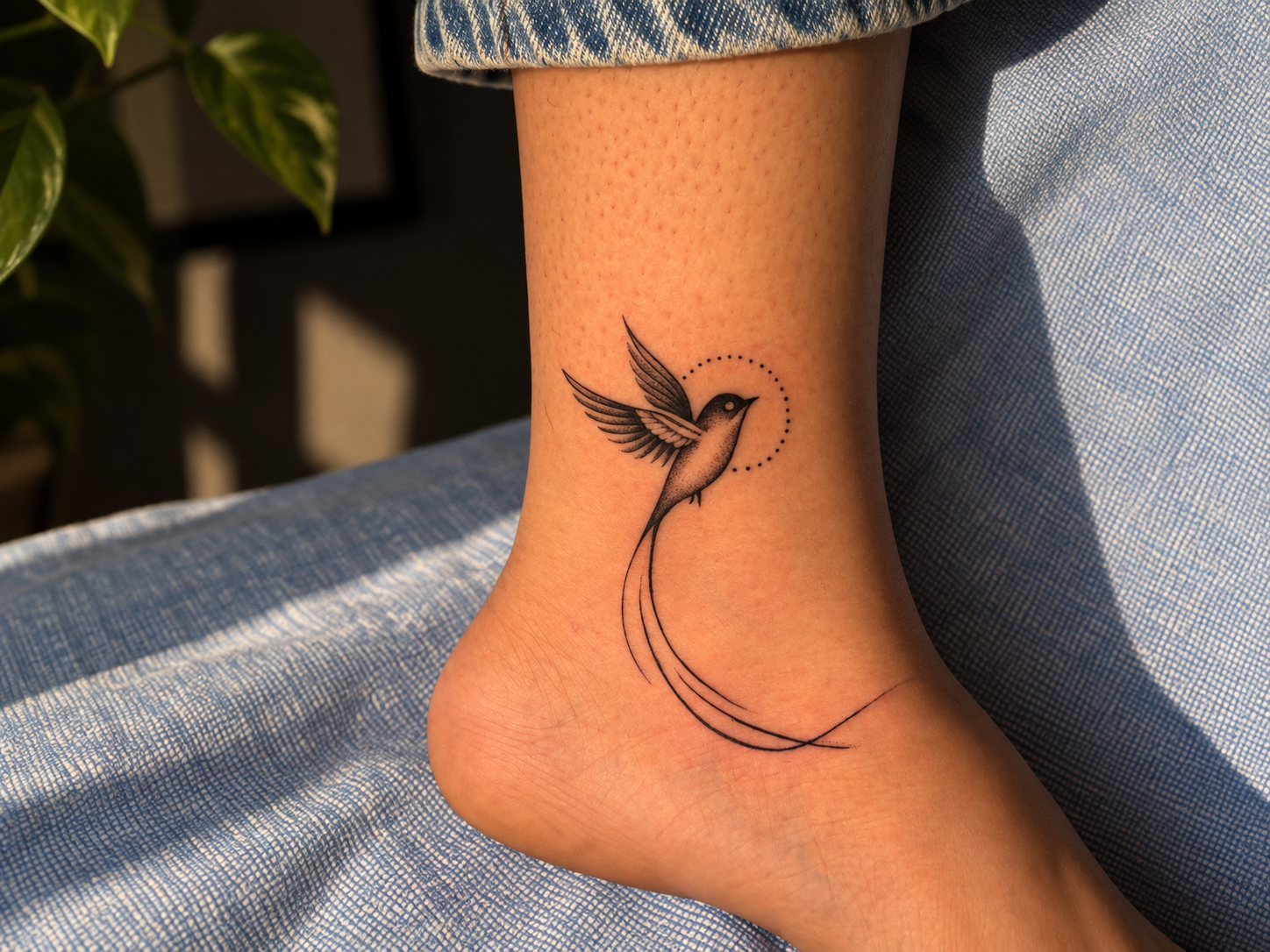 Delicate hummingbird tattoo with a dotted halo and flowing tail lines on the ankle
