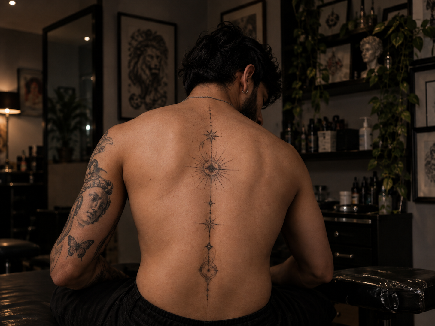 A tattooed person seated in a warm, moody tattoo studio, with an intricate fine-line celestial spine tattoo drawing attention to the center of their back.