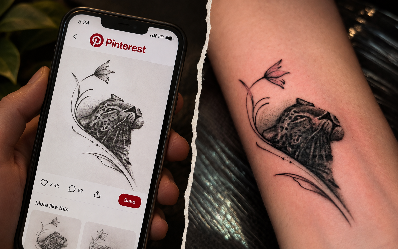 Split-screen tattoo comparison showing a tattoo reference displayed on a smartphone with Pinterest on the left and the corresponding leopard-and-floral tattoo on real skin on the right.