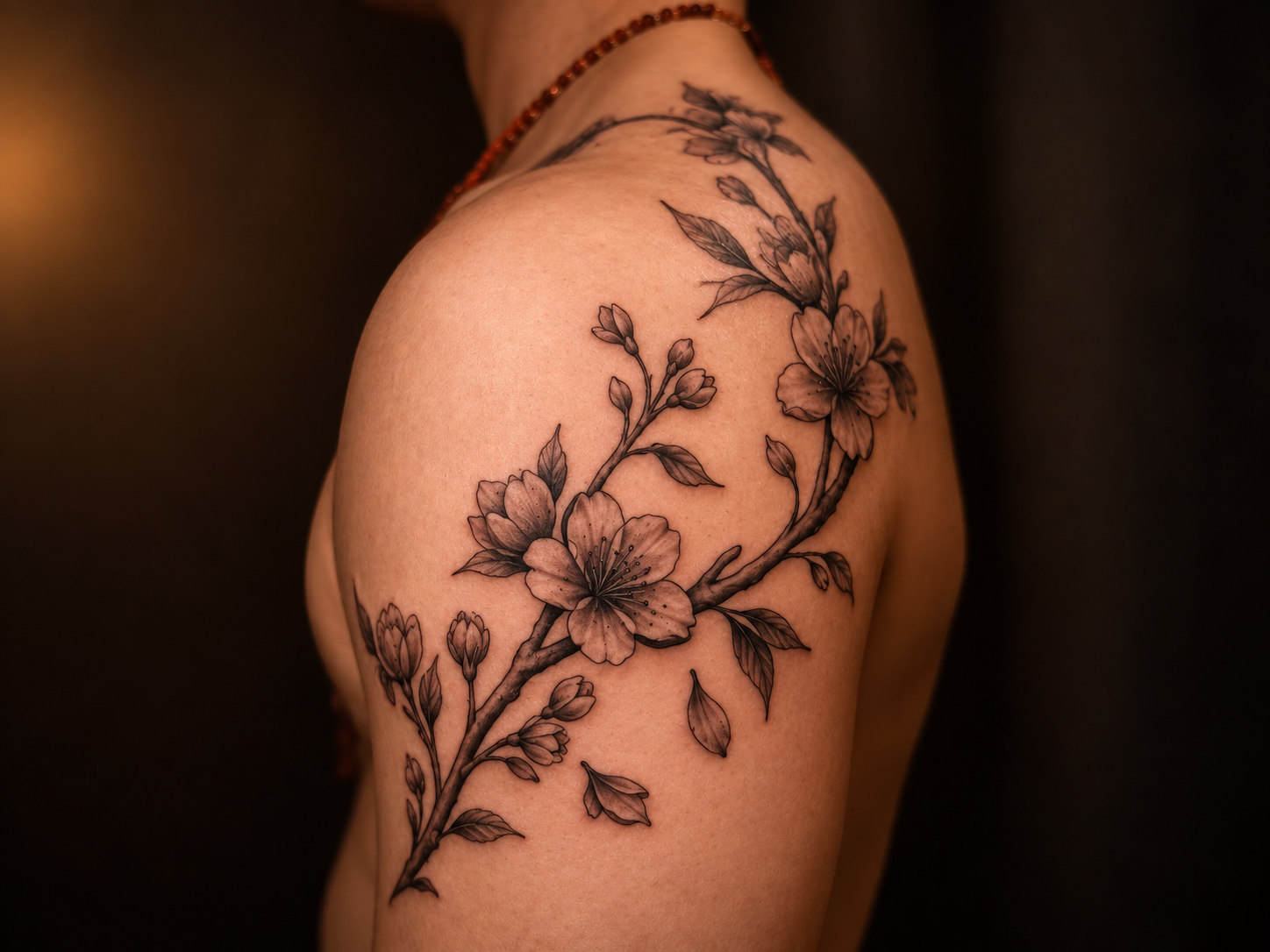 Close-up of a detailed floral branch tattoo wrapping naturally across a person's shoulder and upper arm, with shaded blossoms, buds, leaves and curved branches in warm studio lighting.