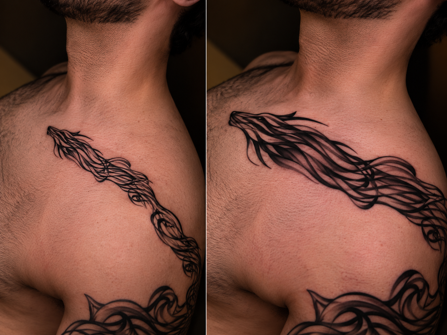 Split-screen close-up showing the same flowing black-and-gray tattoo at two different sizes on the upper chest and shoulder, illustrating how scale changes the tattoo’s overall look and visual impact.
