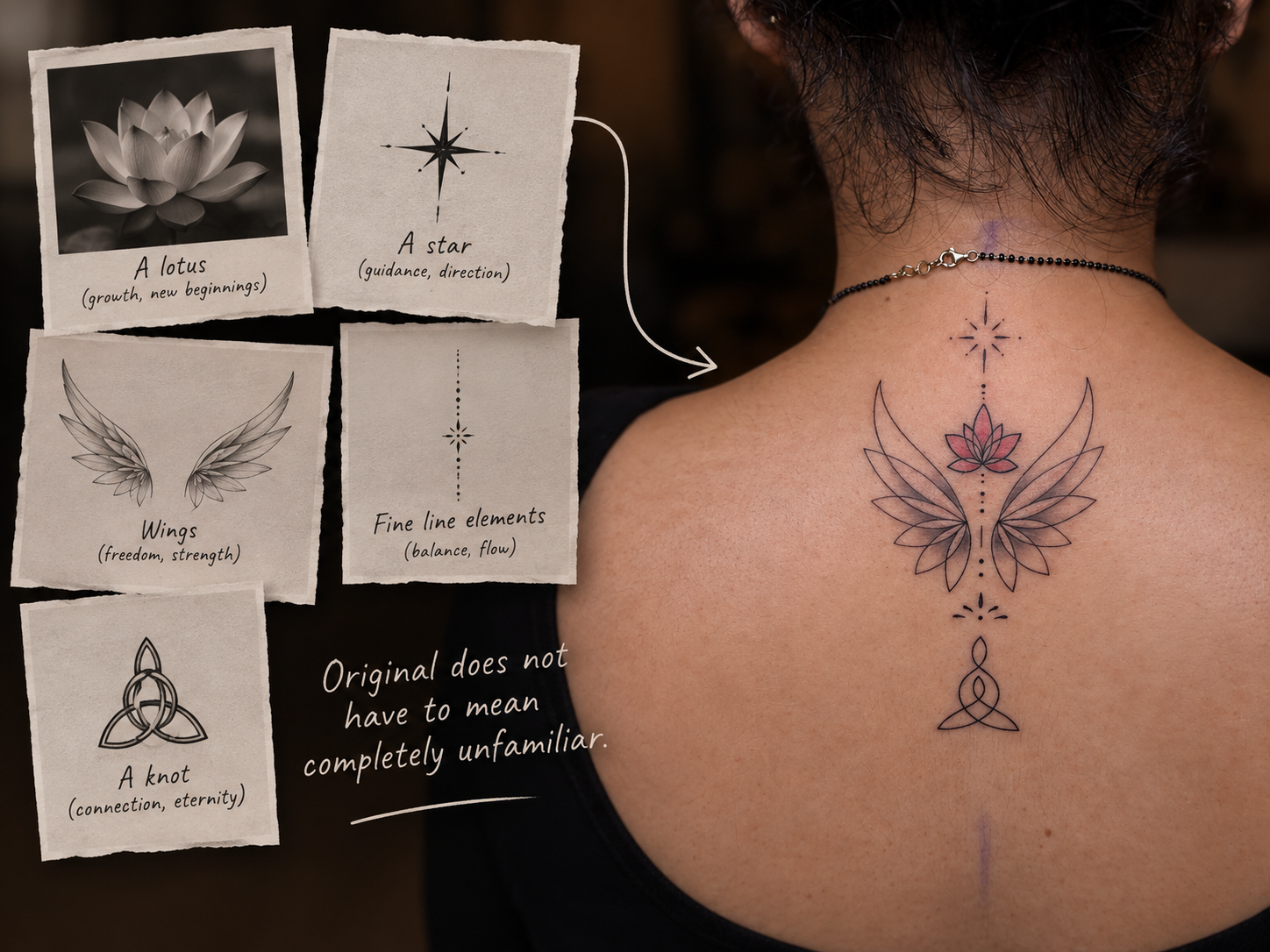 Split-screen tattoo concept showing familiar symbols such as a lotus, star, wings and fine-line elements alongside an original fine-line tattoo composition on a person's upper back.
