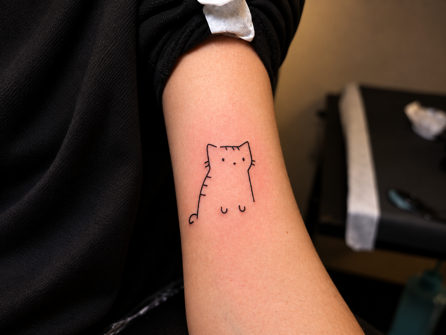 A minimalist black line-art cat tattoo on the inner forearm, photographed in a tattoo studio.