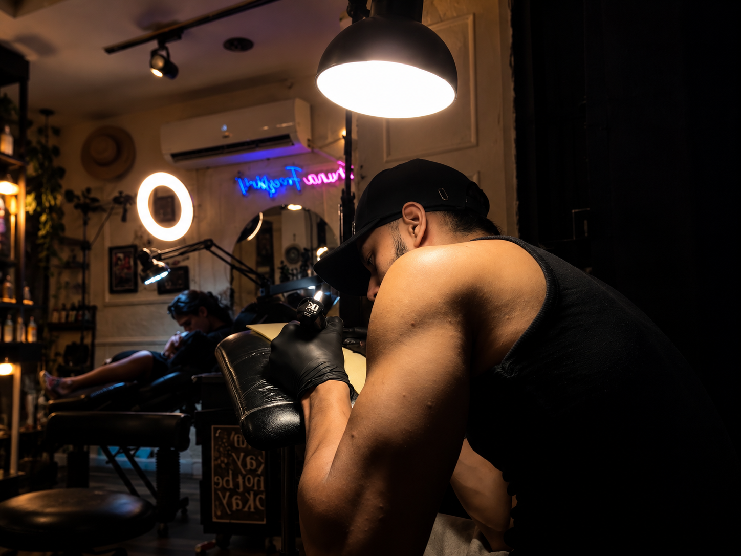 A tattoo artist working on a client inside a dimly lit tattoo studio, surrounded by professional lighting, tattoo equipment, mirrors, and studio details.