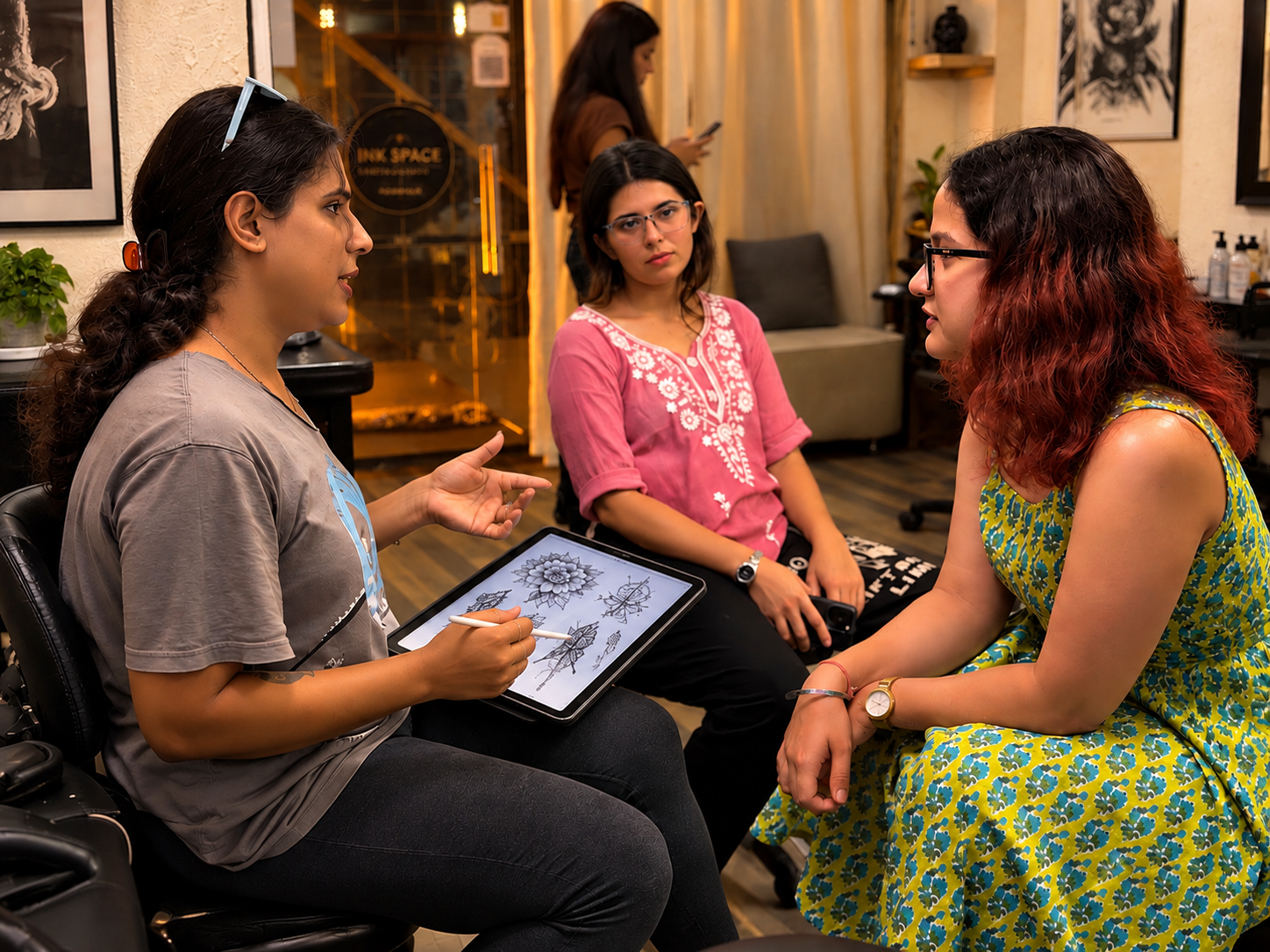A tattoo artist discussing tattoo designs with two clients in a studio, using a tablet to review and explain different tattoo ideas.