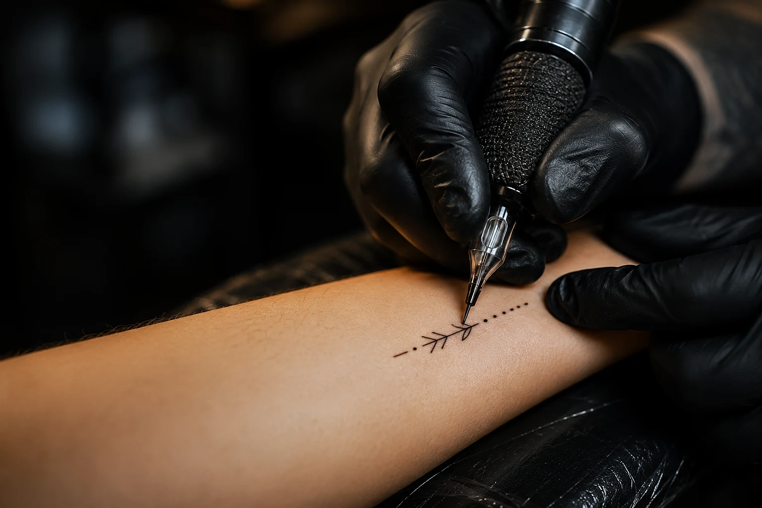 A tattoo artist at Inkspace Tattoo Studio in Hauz Khas, New Delhi applies a stencil on a client's inner forearm, showcasing precision in a professional setting.