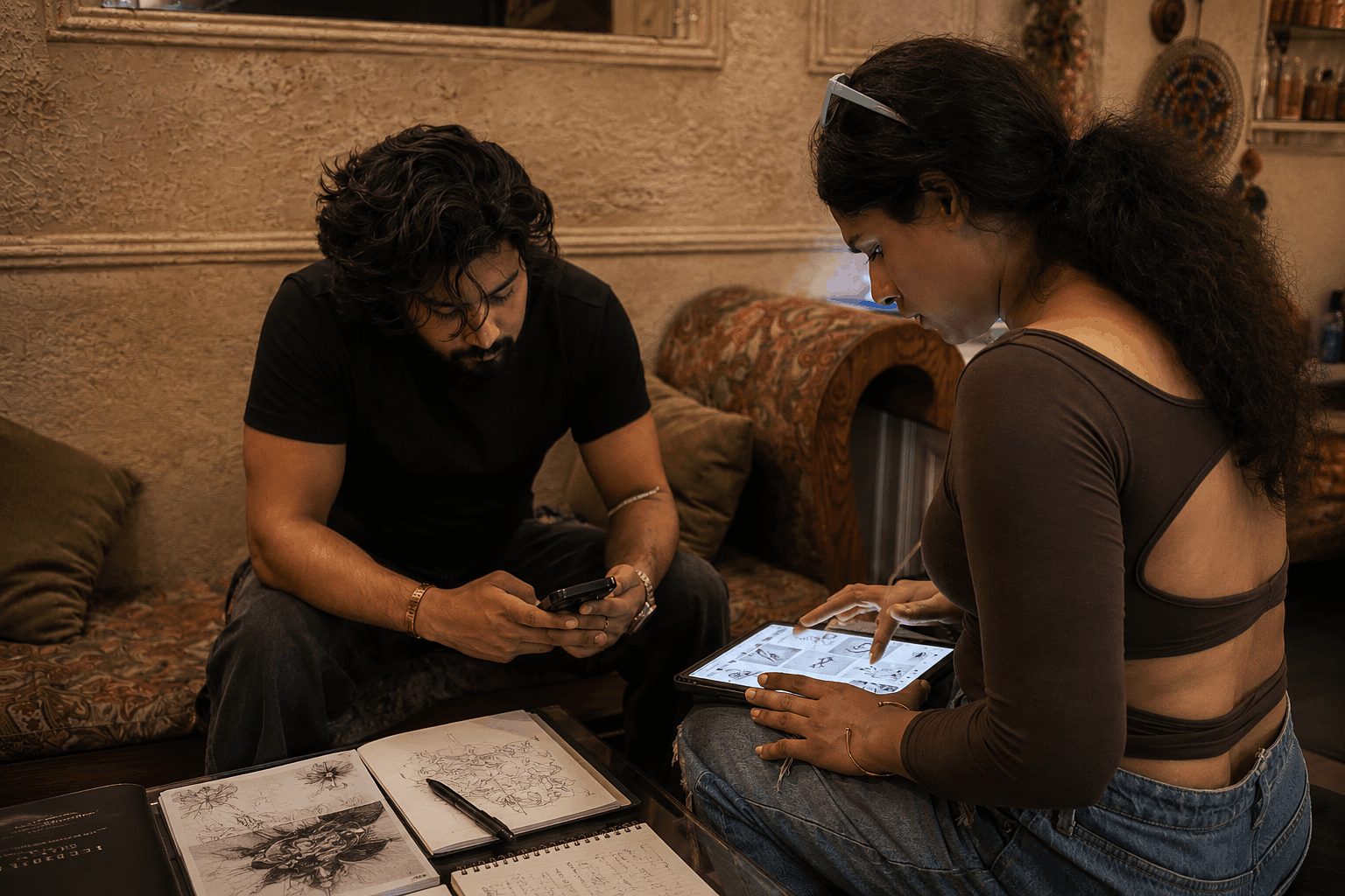 An authentic scene inside Inkspace Tattoo Studio in Hauz Khas, New Delhi, showing a tattoo artist discussing cover-up planning with a client.