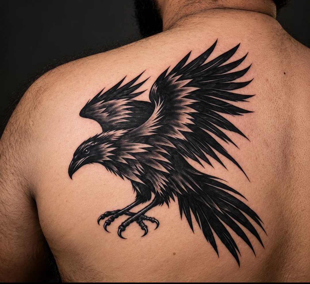 Blackwork raven tattoo with spread wings on the upper back