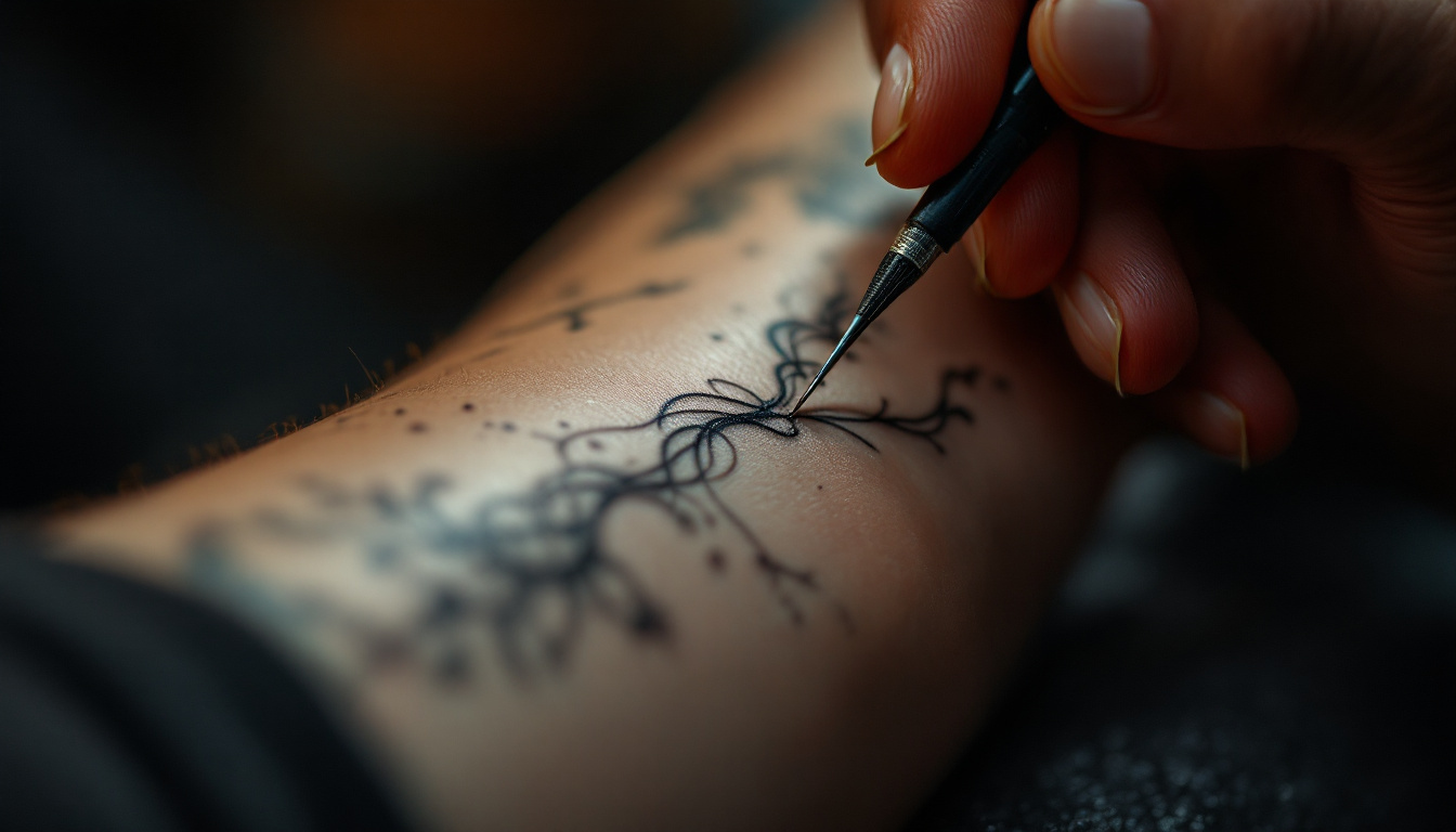 Fine line tattoo in progress on a forearm at Inkspace Tattoo Studio, Hauz Khas Village, showing precise single-needle work.