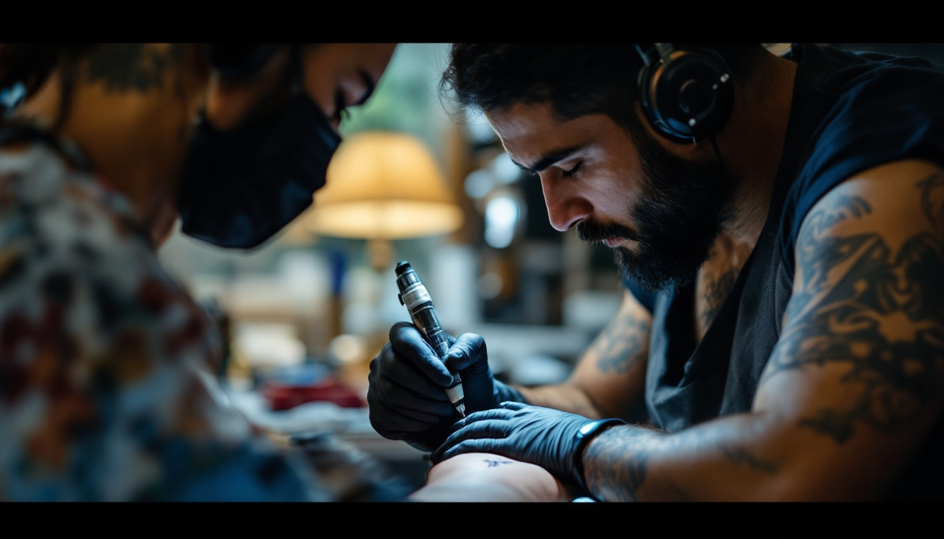 Tattoo artist at Inkspace Tattoo Studio in Hauz Khas, New Delhi, working on a fine line design in a premium studio setting.