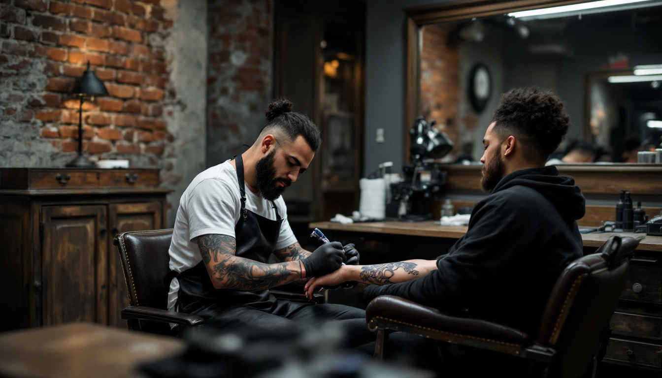 An editorial photograph showing a tattoo artist working on an American Traditional tattoo at Inkspace Tattoo Studio in Hauz Khas, New Delhi.
