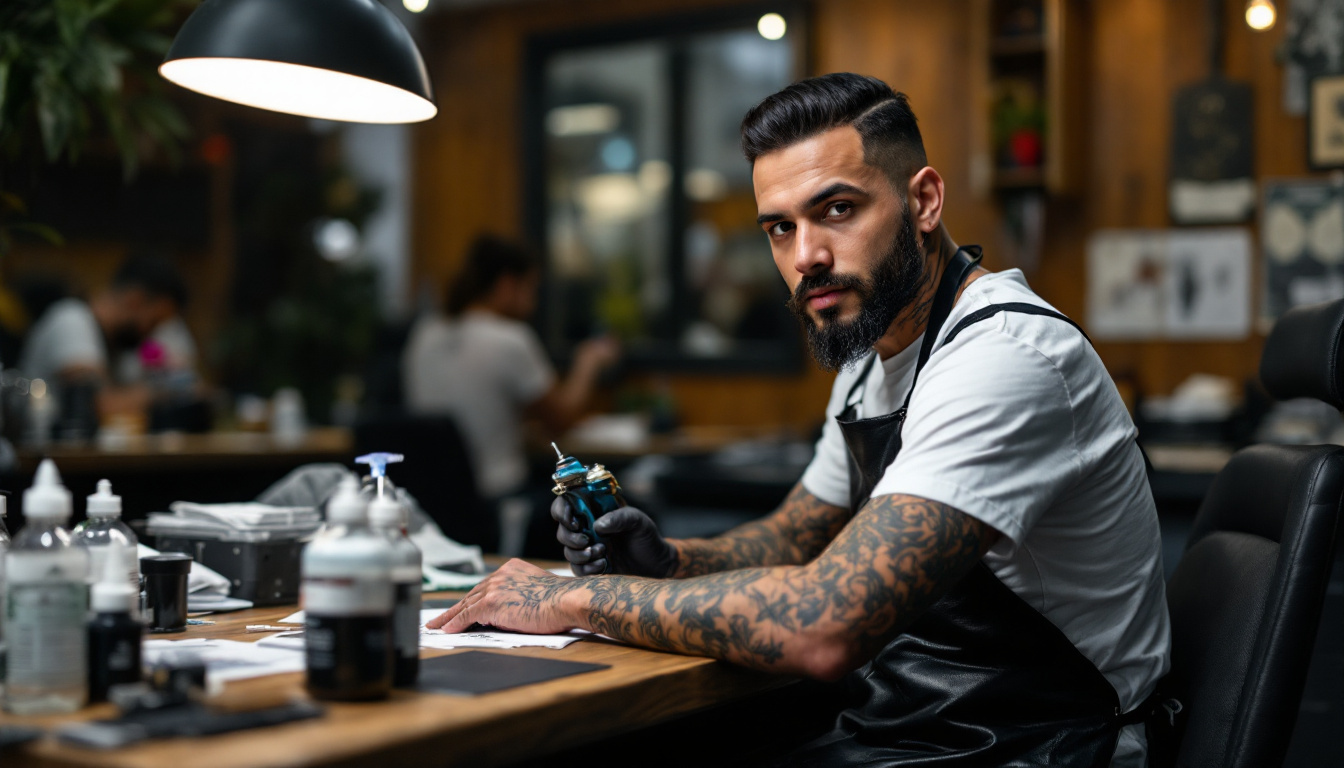A tattoo artist at Inkspace Tattoo Studio in Hauz Khas, New Delhi, demonstrating American Traditional tattoo motifs in an authentic environment.