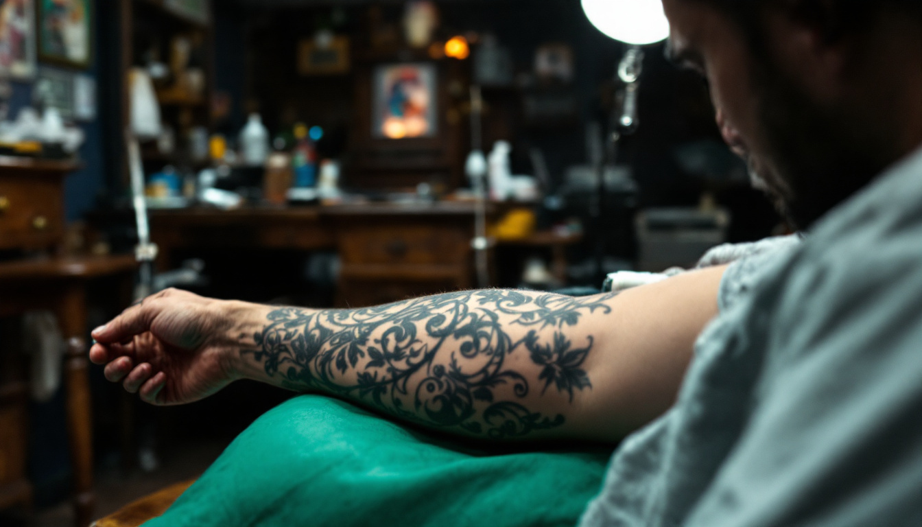 An authentic tattoo scene showcasing American Traditional tattoo elements inside Inkspace Tattoo Studio, Hauz Khas, New Delhi.
