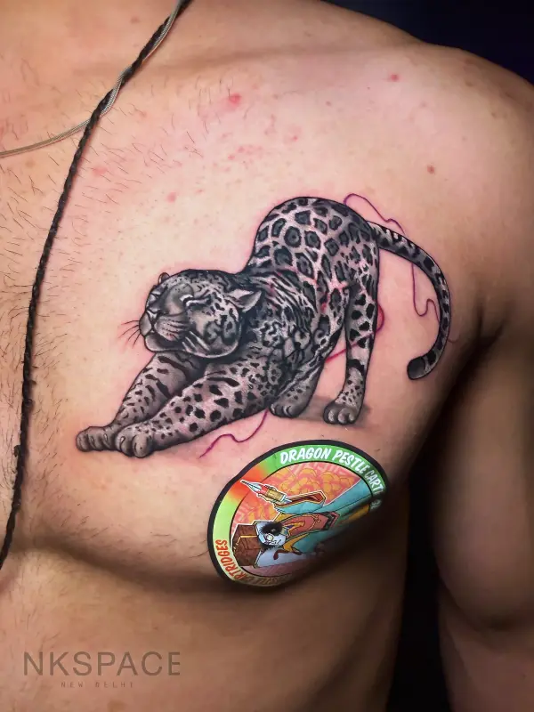 Name Tattoo Cover Up: Cheetah — chest placement — by Chetan Salhotra — Inkspace Tattoo Studio, Hauz Khas Village, New Delhi Realistic cheetah cover up tattoo on arm