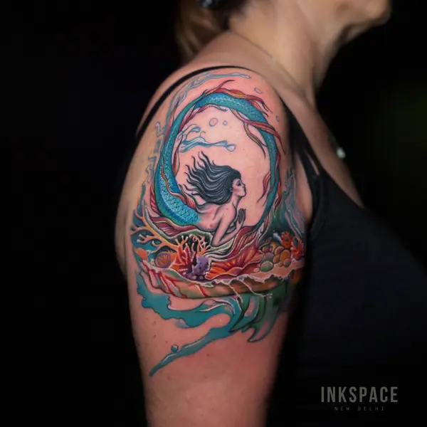Tattoo Fix: Reviving the old Mermaid Tattoo — chest placement — by Chetan Salhotra — Inkspace Tattoo Studio, Hauz Khas Village, New Delhi Realism style tattoo fix of an old mermaid design with vibrant new details.
