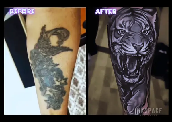 The Impossible Cover Up Tattoo. Tiger Tattoo — shoulder placement — by Chetan Salhotra — Inkspace Tattoo Studio, Hauz Khas Village, New Delhi Impossible realism tiger cover up tattoo on a client's arm by a skilled artist at Inkspace Studio.