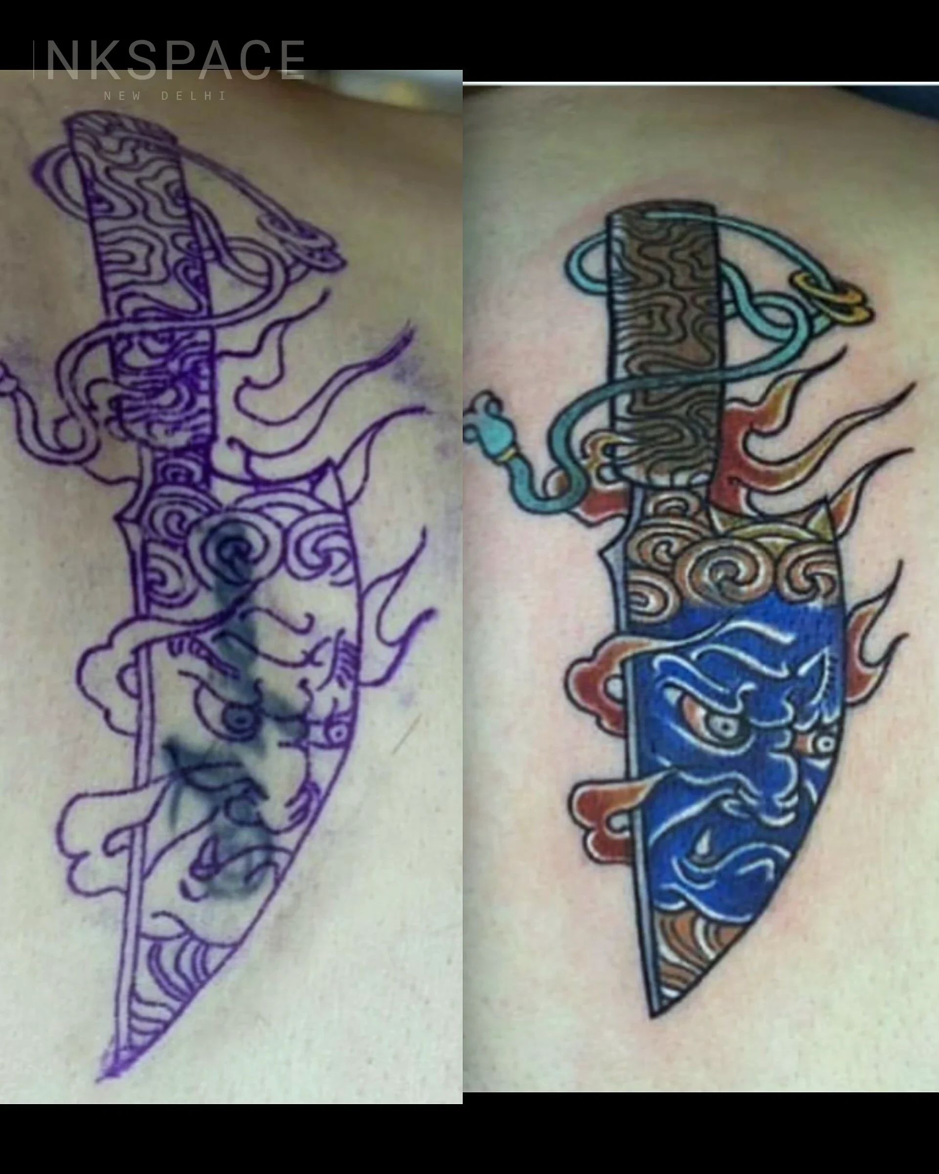 Japanese Dagger cover up tattoo with red handle and black blade, masking an old name.