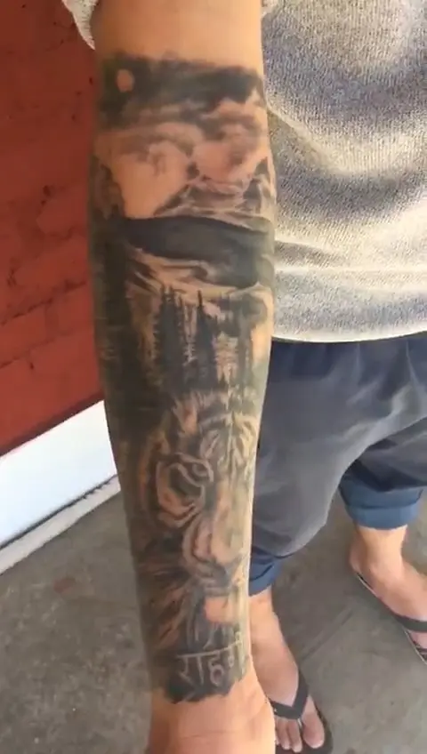 HEALED Tattoo | Tiger & Nature's Landscape Tattoo — forearm placement — by Chetan Salhotra — Inkspace Tattoo Studio, Hauz Khas Village, New Delhi Healed realism tiger and nature landscape forearm tattoo by Chetan Salhotra