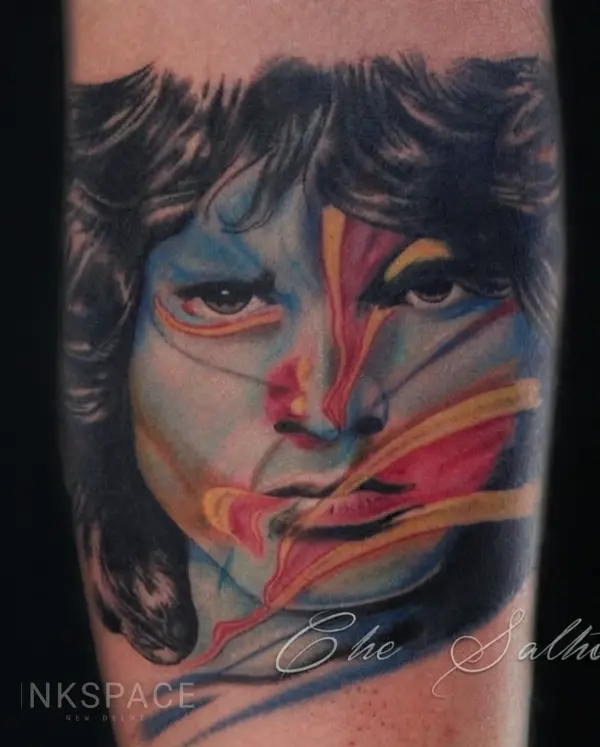 Jim Morrison Portrait Tattoo — forearm placement — by Chetan Salhotra — Inkspace Tattoo Studio, Hauz Khas Village, New Delhi realism Jim Morrison portrait tattoo on forearm