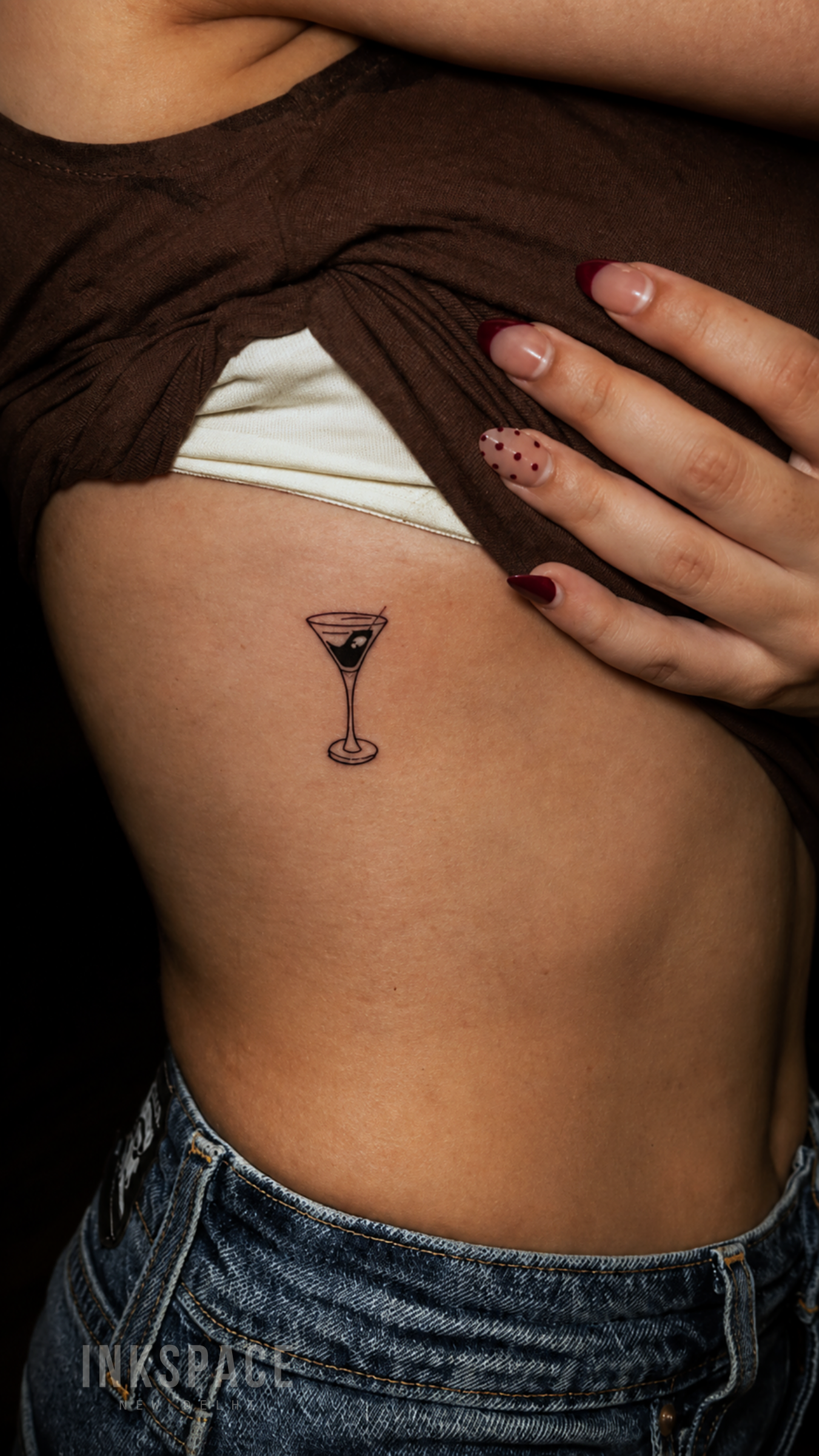 fine line martini glass tattoo design