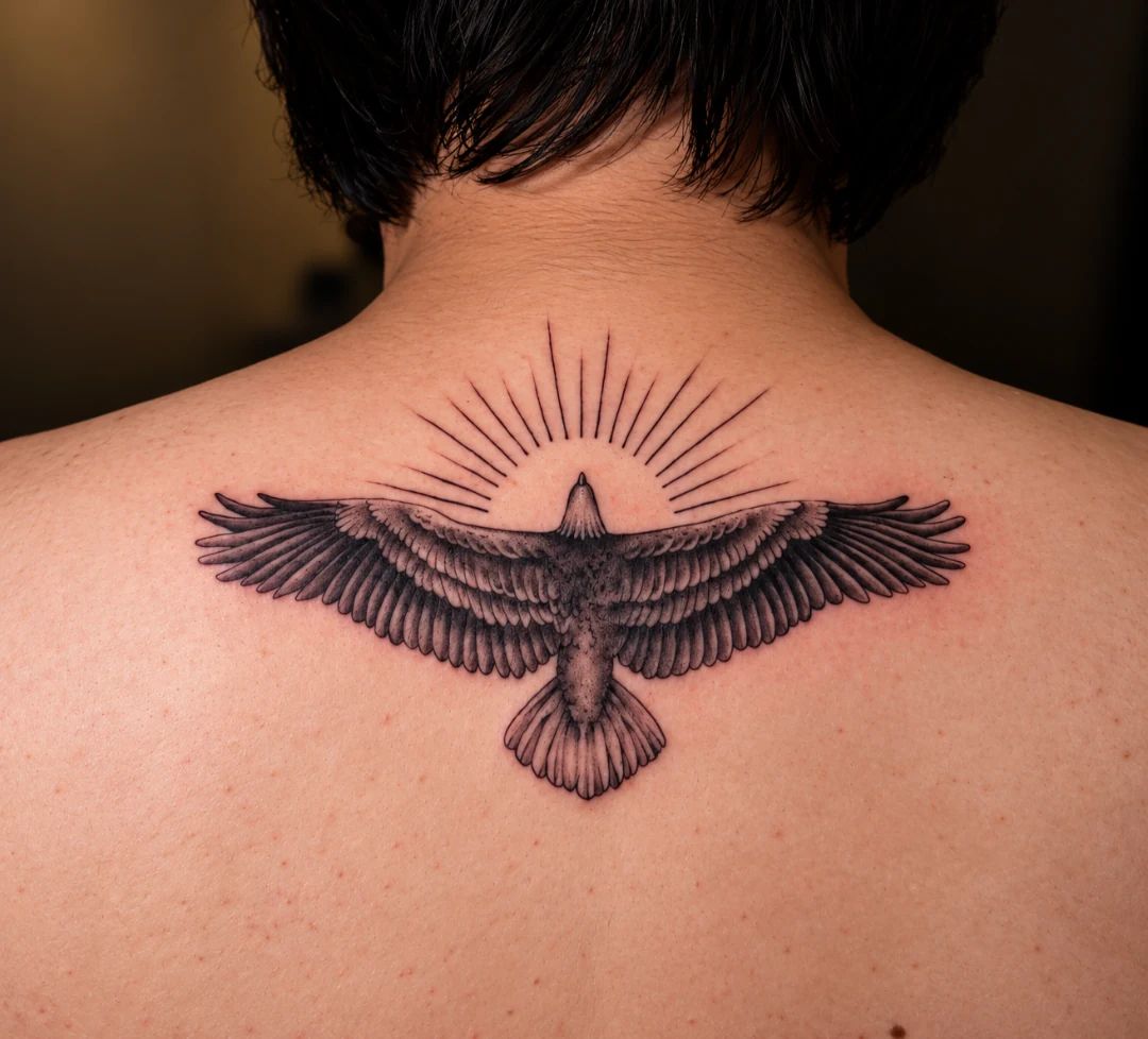 Black and grey eagle tattoo with outstretched wings and radiating lines across the upper back