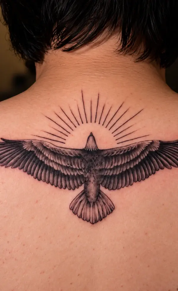 Black and grey eagle tattoo with outstretched wings and radiating lines across the upper back