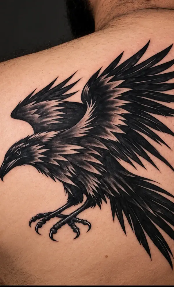 Blackwork raven tattoo with spread wings on the upper back